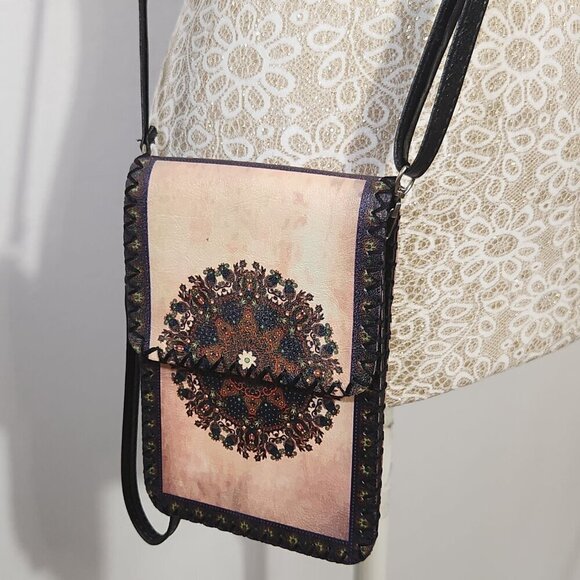 Women's Mandala Print Small Snap Close Vegan Leather Crossbody Cell Phone Bag - Picture 3 of 13